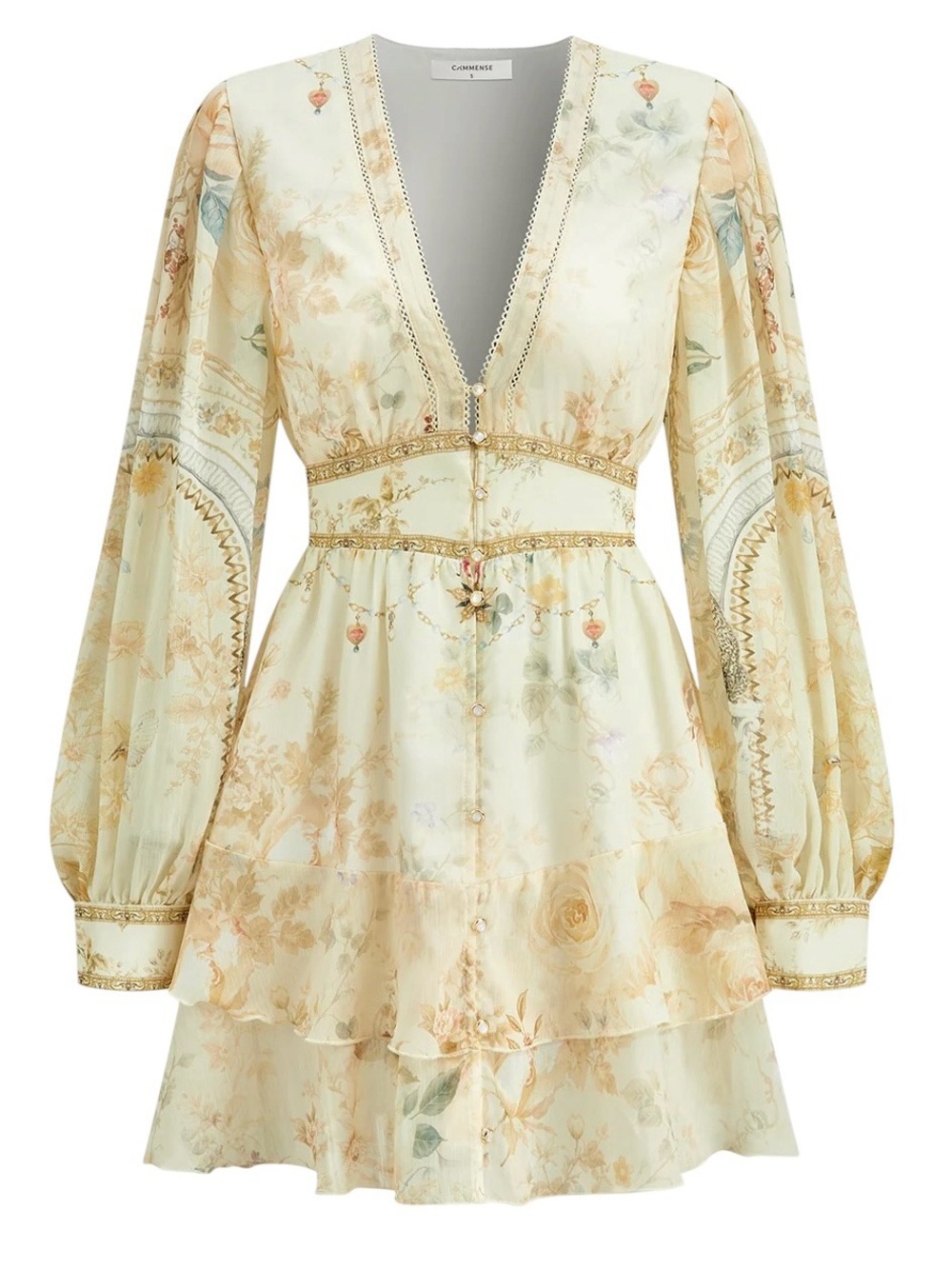 Commense Semi Sheer Chiffon Floral Ruffle Mini Dress XS NWT Long Sleeve Cream